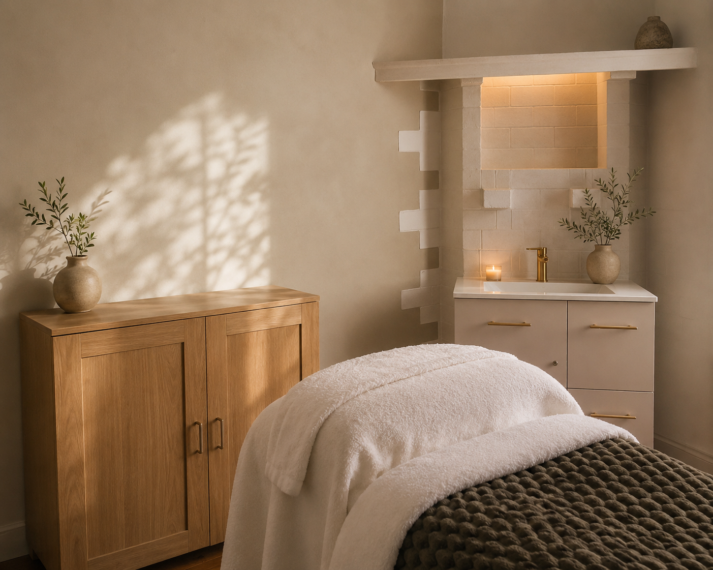 Atlas of Beauty treatment room with warm light, olive shadows and soft linen